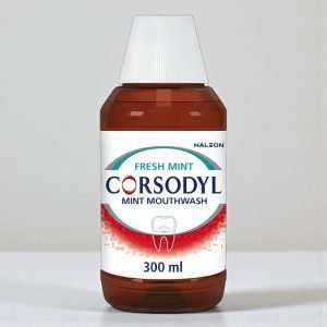 Corsodyl Mouthwash Fresh Mint 300ml bottle with green liquid and white and green packaging, showing “Corsodyl Fresh Mint” and chlorhexidine 0.2% medicated mouthwash text.