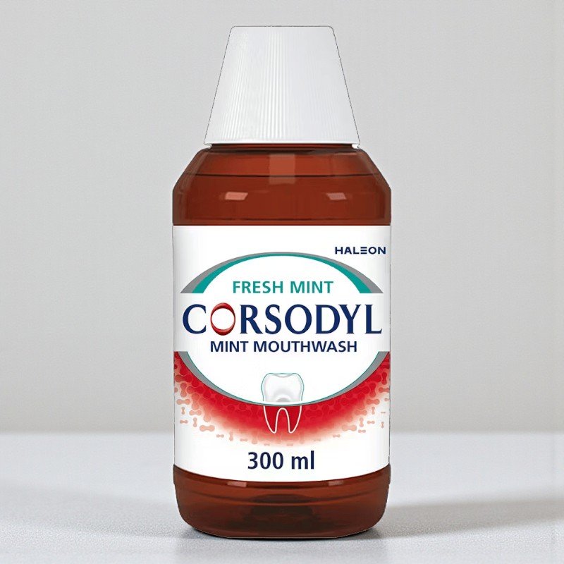 Corsodyl Mouthwash Fresh Mint 300ml bottle with green liquid and white and green packaging, showing “Corsodyl Fresh Mint” and chlorhexidine 0.2% medicated mouthwash text.