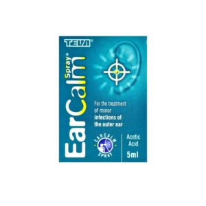 Teva EarCalm Spray 5ml, designed for the treatment of minor infections of the outer ear, featuring active ingredient acetic acid. The packaging displays a teal background with a target symbol, emphasizing precise relief for ear infections.