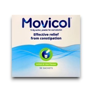 Box of Movicol Powder Sachets for constipation relief.