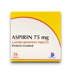 Blister pack of Aspirin 75mg Gastro-Resistant Tablets used for heart health and blood clot prevention.