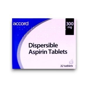 Box of Aspirin 300mg Dispersible Tablets – pain relief medicine for adults and teens.