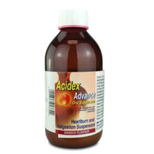 Acidex Advance Oral Suspension 500ml – white and blue box with red heartburn relief branding, bottle with label.