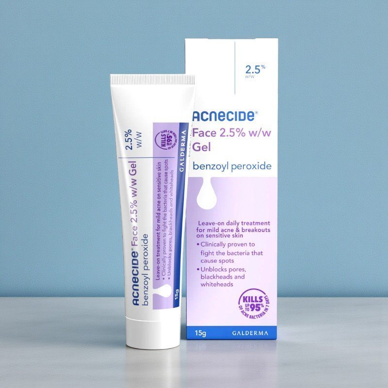 Acnecide Face Gel 15g tube, white and blue packaging with red Acnecide logo, labelled benzoyl peroxide 2.5% w/w acne treatment gel for facial spots.
