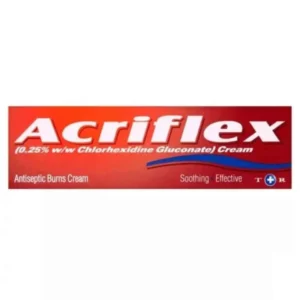 Acriflex Cream 30g tube – yellow and red packaging with text “Acriflex Antiseptic Cream for Burns, Scalds & Wounds”.