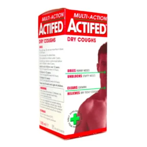 Actifed Multi-Action Dry Coughs Syrup 100ml – white and red box with green highlights, labelled “Dry Coughs” and suitable for adults and children over 12.
