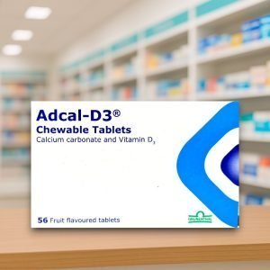 Adcal-D3 Chewable Tablets – fruit flavour, white plastic container with blue label, 56 tablets pack.