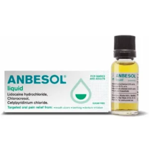 Anbesol Liquid 10ml – Yellow and red box with white text, labelled “Anbesol Liquid”, showing pack size 10ml.