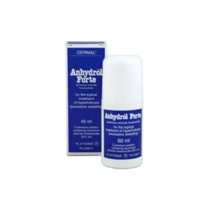 Anhydrol Forte packaging and roll-on bottle, containing a 60ml cutaneous solution with aluminium chloride hexahydrate, designed for the topical treatment of hyperhidrosis (excessive sweating).