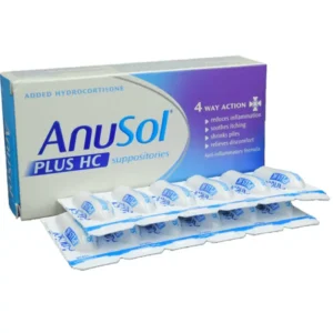 Anusol Plus HC Suppositories – 12 pack, white and green box with red accents, labelled for relief of piles and anal irritation.