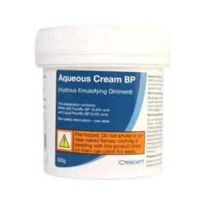 Aqueous Cream BP 500g by Crescent, a hydrous emulsifying ointment for skin hydration, containing white soft paraffin and liquid paraffin. Includes a fire hazard warning.