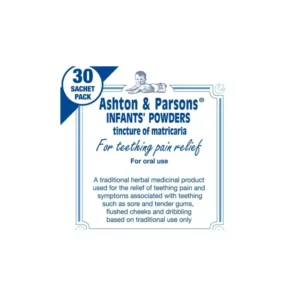 Ashton & Parsons Teething Powders – White and blue box, 20 sachets, labelled as traditional herbal medicinal product for infant teething relief.