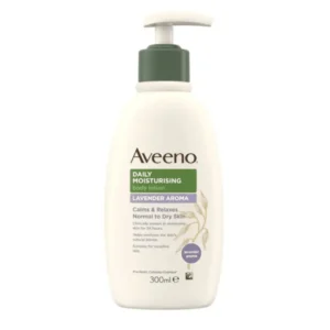 Aveeno Daily Moisturising Lotion Lavender 300ml – Beige and purple bottle labelled 24-hour hydration with colloidal oatmeal and lavender scent.