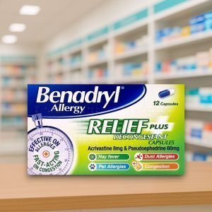 Benadryl Plus Capsules packaging featuring active ingredients Acrivastine and Pseudoephedrine. Provides fast allergy relief in 15 minutes, lasting up to 8 hours.