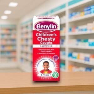 Benylin Children’s 6+ Chesty Coughs Syrup 125ml – red and white box with yellow banner, labelled for children aged 6–12 years.