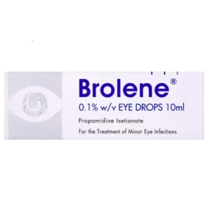 Brolene Eye Drops 10ml – yellow and white box with dropper bottle, labelled for treatment of minor eye infections and conjunctivitis.