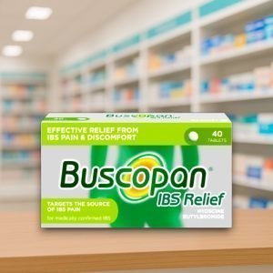 Buscopan IBS Relief Tablets – Green and white box labelled "Buscopan IBS Relief" containing 20 tablets with hyoscine butylbromide 10mg.