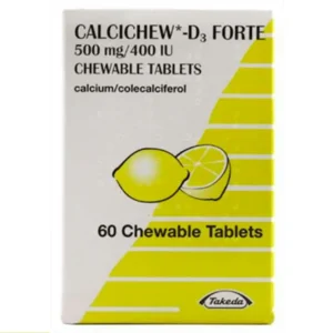 Calcichew D3 Forte Chewable Tablets – Yellow and white pack, labelled calcium 500mg and vitamin D3 400 IU, pack size 100 tablets.