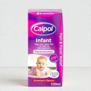 Front-facing pack and bottle of Calpol Sugar Free Infant Suspension 120mg/5ml in strawberry flavour, showing 100ml pack size, purple and pink packaging with the Calpol logo and dosing instructions visible.