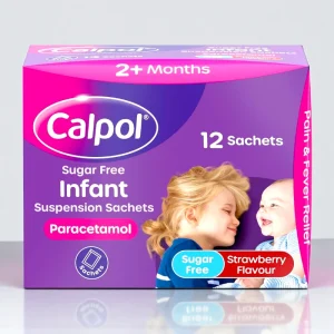 Box of Calpol Sugar Free Infant Suspension Sachets, purple and pink packaging, showing “Sugar Free Infant Suspension 2+ months” text, containing 5ml sachets of paracetamol 120mg/5ml for pain and fever relief in infants.