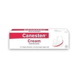 Box of Canesten Clotrimazole Cream featuring red and white design with illustration of a woman holding a baby