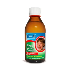 Simple Linctus Paediatric Sugar Free – 200ml brown glass bottle with white child-safe cap and green/blue label showing “Sugar Free”.
