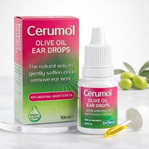 Cerumol Olive Oil Ear Drops 10ml – yellow and white box with green text, dropper bottle visible.