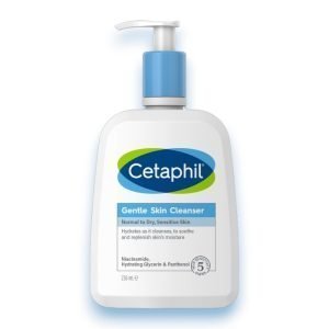 Cetaphil Gentle Skin Cleanser – White and blue bottle with green cap, labelled for normal to dry, sensitive skin, 236ml size.