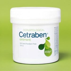 Cetraben Ointment tub in white and teal packaging, showing product name “Cetraben Ointment”, available in 125g or 450g sizes, paraffin-based emollient for dry skin, eczema and psoriasis.