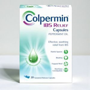 Colpermin IBS Relief Capsules box, green and white packaging showing “Colpermin” branding and peppermint leaf design, pack size 100 capsules, peppermint oil capsules for IBS symptom relief.
