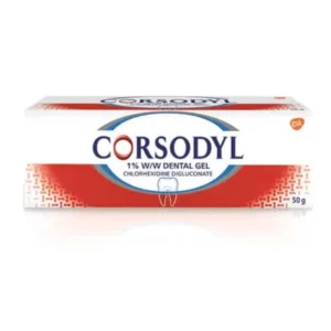 Corsodyl 1% w/w Dental Gel – White and red tube, 50g pack with Corsodyl branding