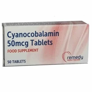 Cyanocobalamin (Vitamin B12) 50mcg Tablets – white and red box packaging, labelled 50mcg, 50 tablets pack