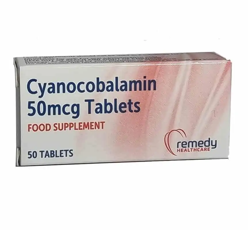 Cyanocobalamin (Vitamin B12) 50mcg Tablets – white and red box packaging, labelled 50mcg, 50 tablets pack