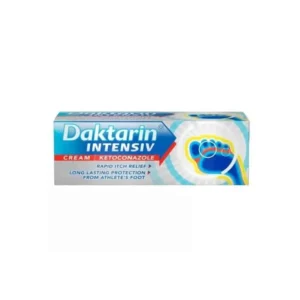 Daktarin Intensiv Ketoconazole Cream 15g tube and outer packaging, white and red box with bold “Daktarin Intensiv” text, labelled as 2% w/w ketoconazole antifungal cream for athlete’s foot and fungal skin infections.