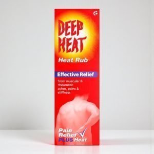 Deep Heat Rub muscle pain relief cream in red and white tube packaging, showing “Deep Heat Rub” text, warming topical cream for muscular aches and back pain, 67g pack.