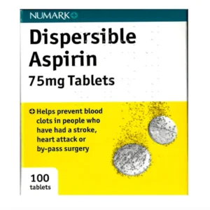 Dispersible Aspirin 75mg Tablets – white and yellow blister pack labelled “75mg”, box of 100 tablets.