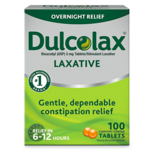Packaging of Dulcolax 5mg Gastro-Resistant Laxative Tablets, featuring 'Overnight Relief' text, highlighting gentle, dependable constipation relief with 100 comfort-coated tablets providing relief in 6-12 hours.