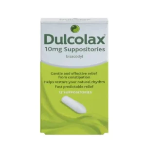 Dulcolax Twelve Plus Suppositories 10mg – 12 Pack, green and yellow box with white suppository image and bold “Dulcolax” branding.