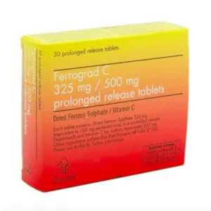 A box of Ferrograd C Prolonged Release Tablets. The packaging has a gradient design from yellow at the top to red at the bottom. The front of the box is labelled with "Ferrograd C 325 mg / 500 mg prolonged release tablets" in white text, indicating the presence of dried ferrous sulphate and vitamin C. The box contains 30 tablets and mentions that each tablet provides 105 mg of elemental iron. Additional information, including dosage instructions and warnings, is also printed on the box.