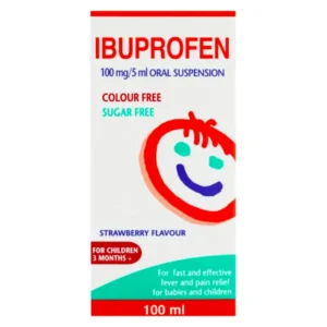 Ibuprofen 100mg/5ml Oral Suspension – Orange and white bottle packaging with dosing syringe, labelled children’s pain and fever relief.