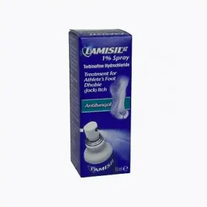 Lamisil AT 1% Spray 15ml – Blue and white box with green text, terbinafine hydrochloride antifungal spray for athlete’s foot, jock itch, and ringworm.