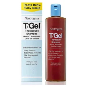 Neutrogena T/Gel Therapeutic Shampoo – Blue and white 250ml bottle with black cap and "Controls itchy, flaky scalp" text.