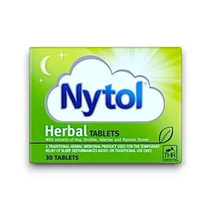 Nytol Herbal Tablets box with a green gradient background and the 'Nytol' logo inside a white cloud. The packaging states that the tablets contain extracts of hop strobile, valerian, and passion flower. It is described as a traditional herbal medicinal product used for the temporary relief of sleep disturbances based on traditional use. The box contains 30 tablets and features a small THR certification mark in the bottom right corner.