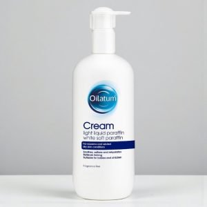Oilatum Cream 500g pump dispenser with white and blue packaging, labelled “Oilatum Cream” emollient moisturiser for dry and eczema-prone skin.