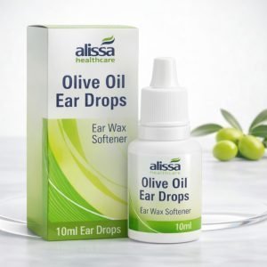 Olive Oil Ear Drops bottle with green and white packaging showing product name and 10ml pack size, earwax softening ear drops.