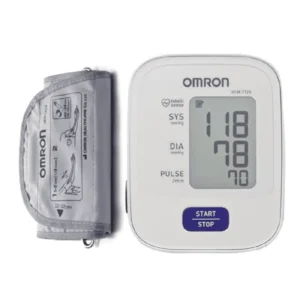 Omron M2 Basic Upper Arm Blood Pressure Monitor retail box, white and blue packaging with digital monitor image, showing automatic cuff and one-touch button.