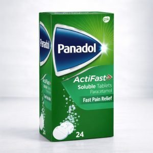Panadol Actifast Soluble Tablets box with red and white packaging, displaying Panadol branding, “Actifast Soluble” text and tablet strength, pack of soluble paracetamol tablets.