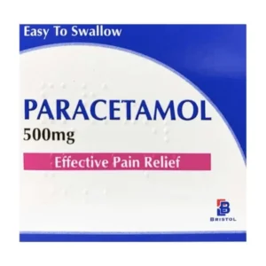 Paracetamol 500mg packaging, offering effective pain relief with an easy-to-swallow formulation.