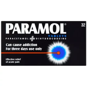 The image showcases a box of Paramol Tablets, containing 32 tablets. The packaging features a sleek black background with bold, white text for the brand name "Paramol," accented by blue and orange details. Below the brand name, the active ingredients, Paracetamol and Dihydrocodeine, are clearly stated. Key warnings and information include: "Can cause addiction. For three days use only." "Effective relief of acute pain." A graphic resembling a radiant blue target with an orange center symbolizes targeted pain relief. The design emphasizes clarity and essential health warnings, adhering to regulatory standards.