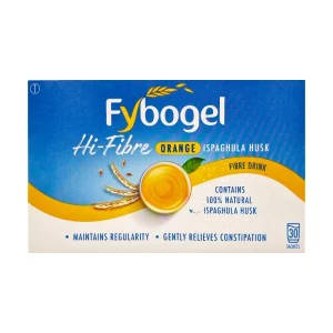 Fybogel Hi-Fibre Orange – 30 sachets of ispaghula husk fibre drink to maintain regularity and gently relieve constipation. Contains 100% natural fibre for digestive health.